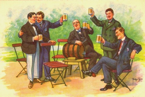 Bild zeigt eine Zeichnung von Männern, die Bier trinken