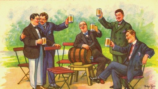 Bild zeigt eine Zeichnung von Männern, die Bier trinken